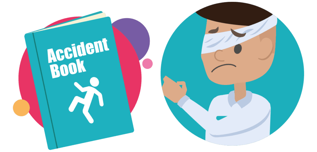 An injured worker standing next to an image of an accident book