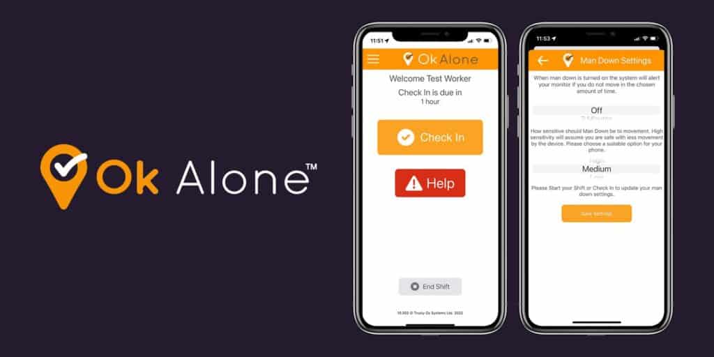 Two phones showing an example of the OKAlone user interface