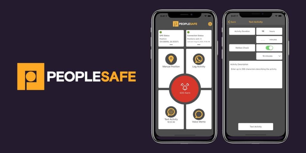 Two phones showing an example of the Peoplesafe user interface