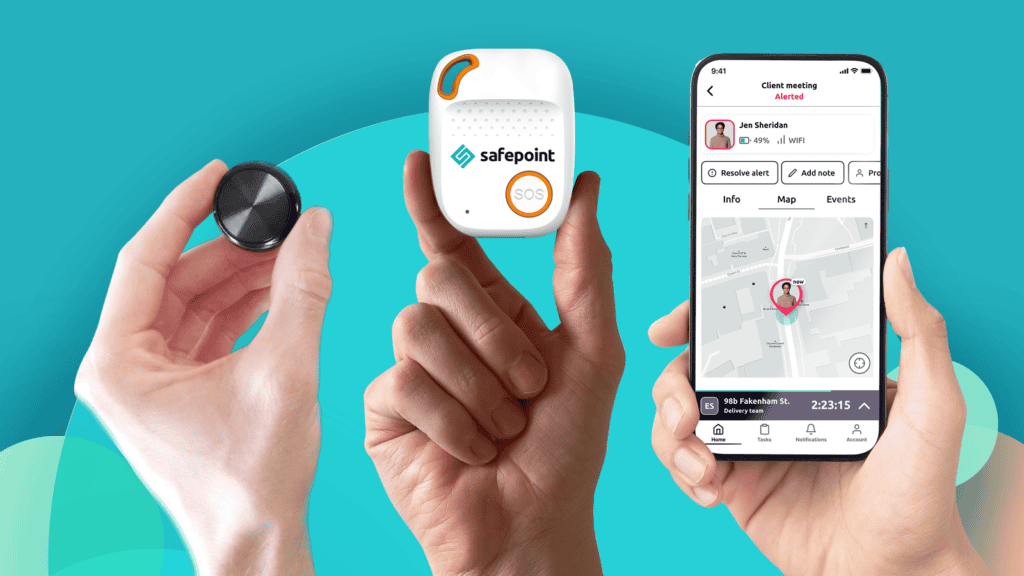 The different Safepoint device options, showing the wearable panic alarm, sim based lone worker device and lone worker mobile app