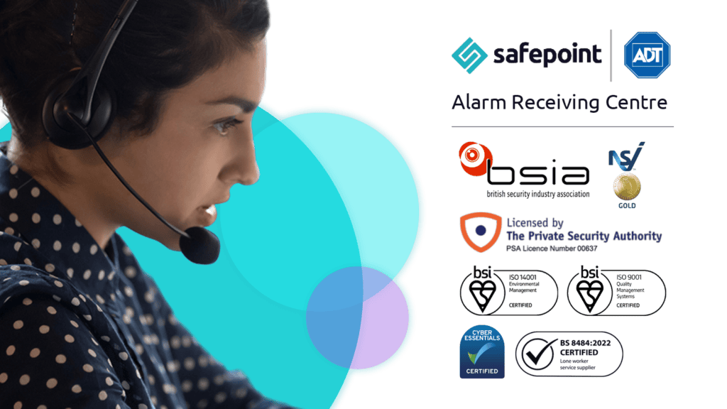 An emergency response employee alongside logos of Safepoint's accreditations and cerifications, such as BS8484