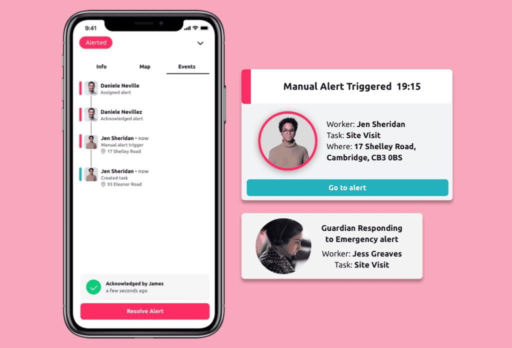An alarm being responded to on the safepoing lone worker app