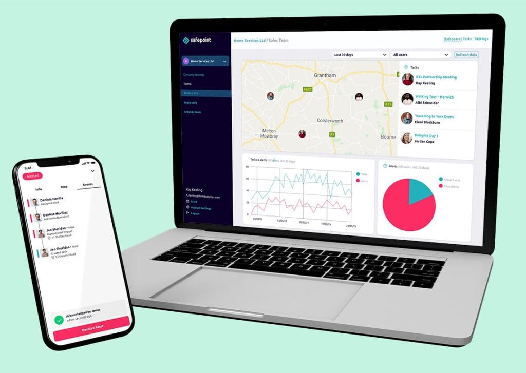 The Safepoint safety management web dashboard on a laptop alongside a phone with the lone working app open