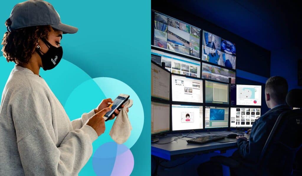 A lone worker on their phone next to an alarm receiving centre employee