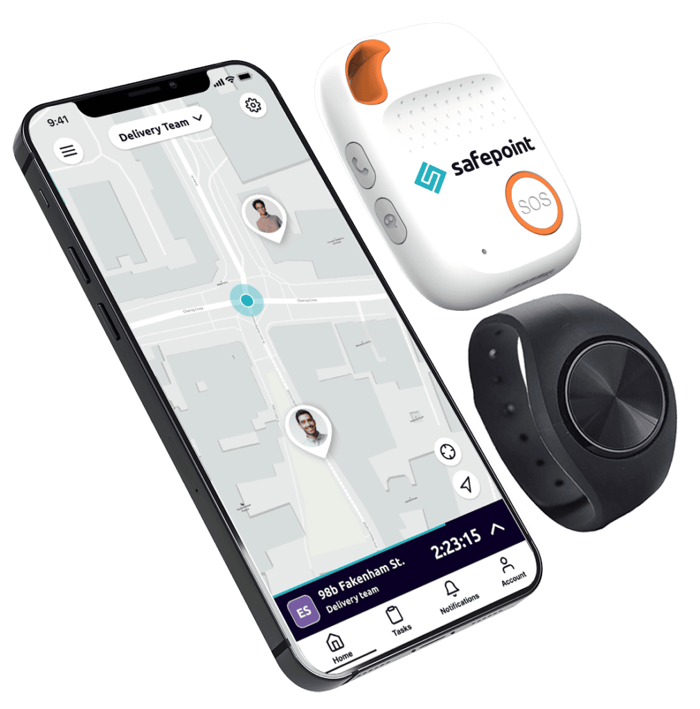 The Safepoint product range, showing safety app, bluetooth wearable and sim based lone worker device