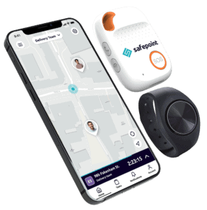 The Safepoint product range, showing safety app, bluetooth wearable and sim based lone worker device
