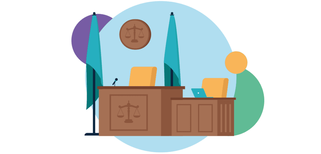 A judges desk in a courtroom