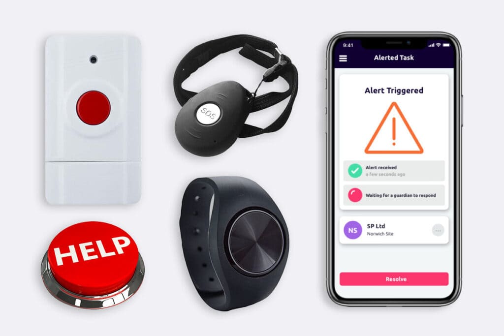 A collage of various safety devices and apps available