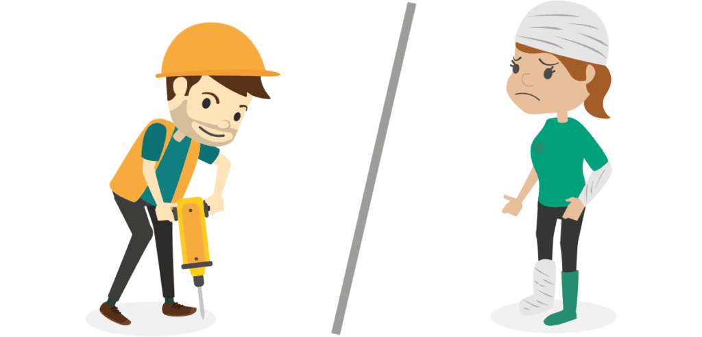 A lone construction worker with a drill and an injured worker with bandages and casts