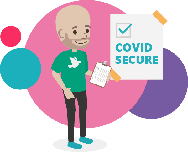 A charity worker with a clipboard with title saying covid secure and a ticked box