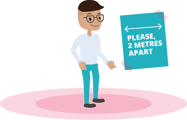 A lone worker with a 2 metre radius around him with a sign saying please 2 metres apart