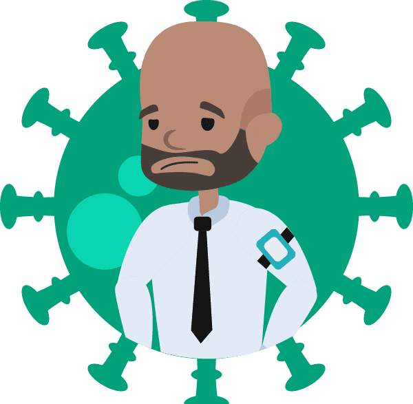 A security guard with a tired expression in front of a virus graphic