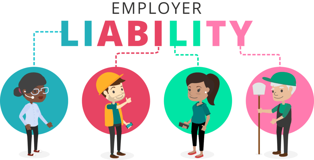 The text Employer Liability linked by dots to different types of lone workers such as a receptionist, construction worker, healthcare worker and agricultural worker