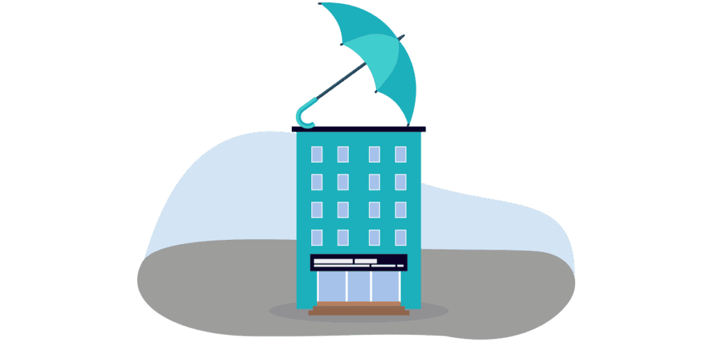 An umbrella covering an office building to represent insurance