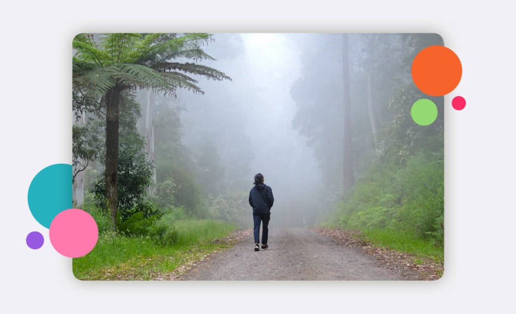 A conservation lone worker walking alone down a woodland path
