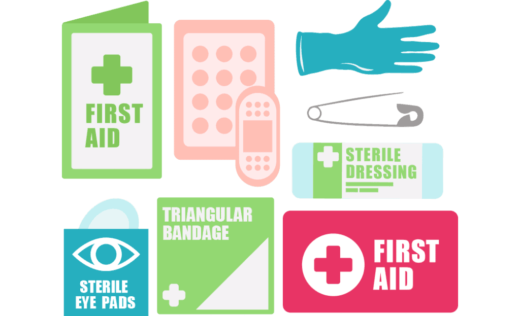 A collage of the common contents of a first aid kit