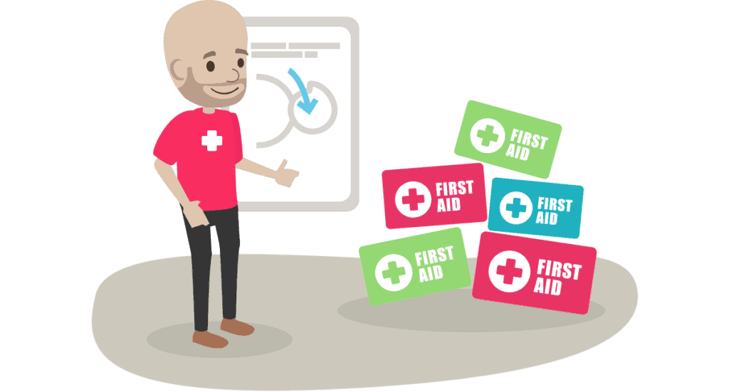 A first aid trainer standing next to a number of first aid kits