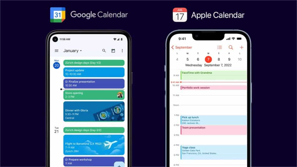 Google and Apple calendars shown next to each other on phones