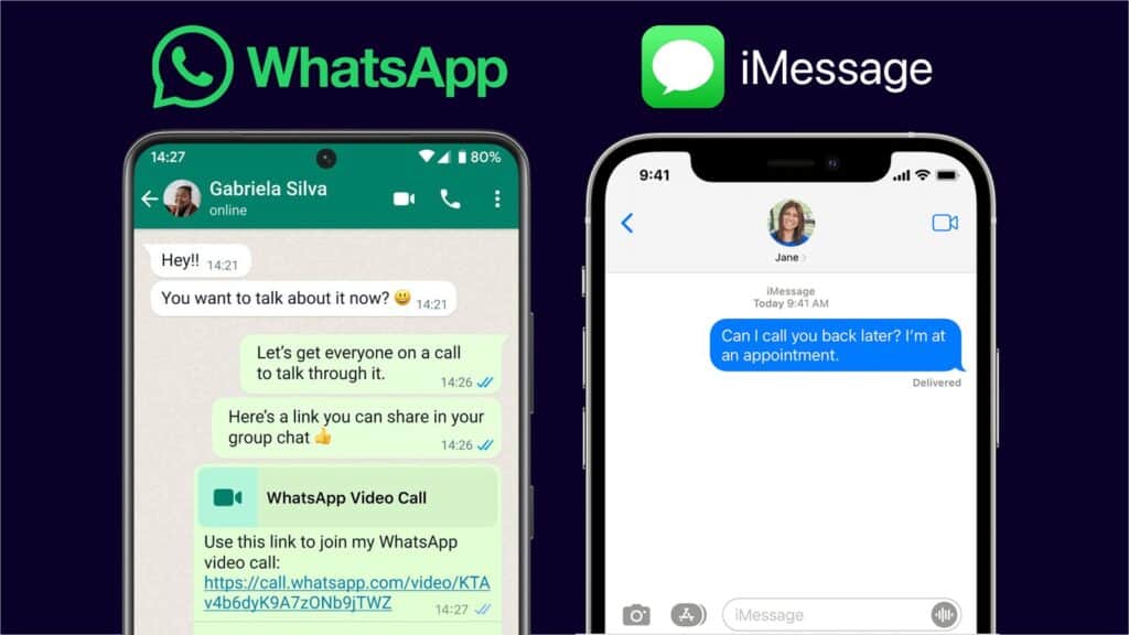Whatsapp and iMessage shown next to each other on phones