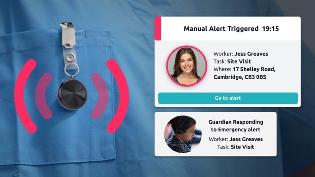 A nurse wearing the Safepoint panic alarm which has been triggered