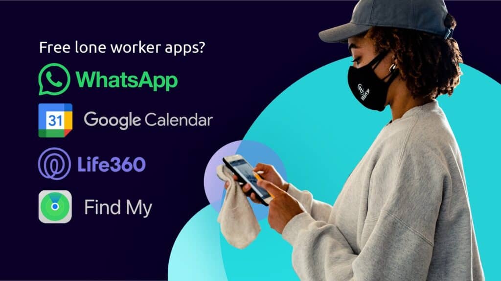 An employee on her phone alongside logos of free app options for lone working