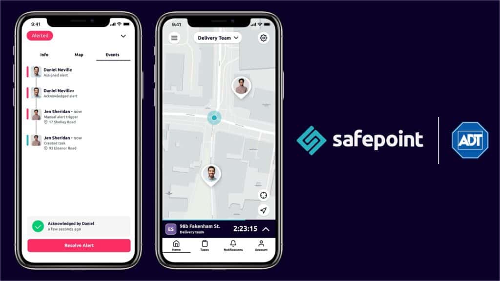 Two phones next to each other each with different screens of the safepoint lone worker app open