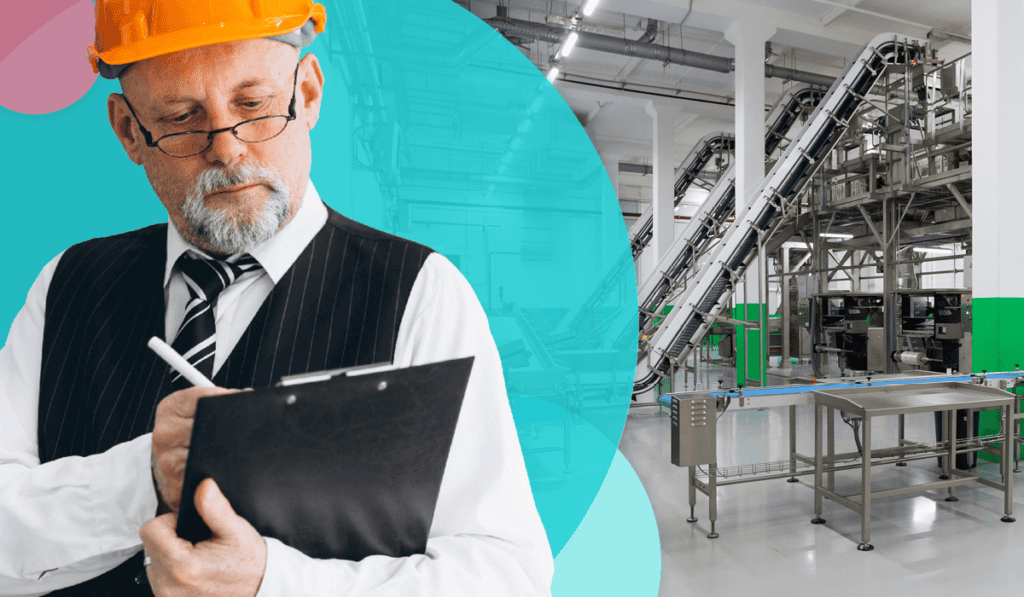 A health and safety inspector with a clipboard inspecting a manufacturing facility