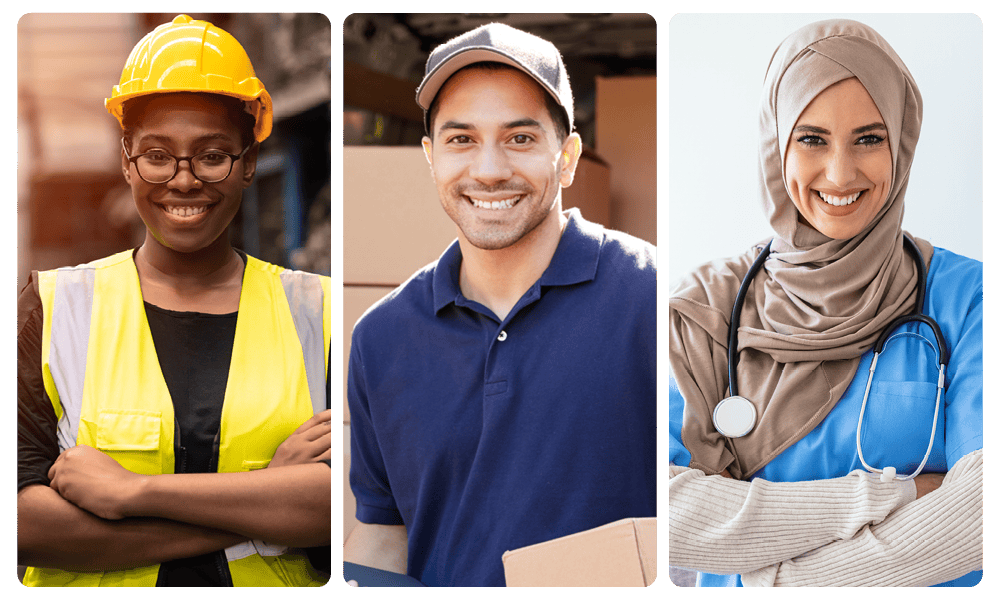 Three different types of lone workers: construction, delivery and healthcare