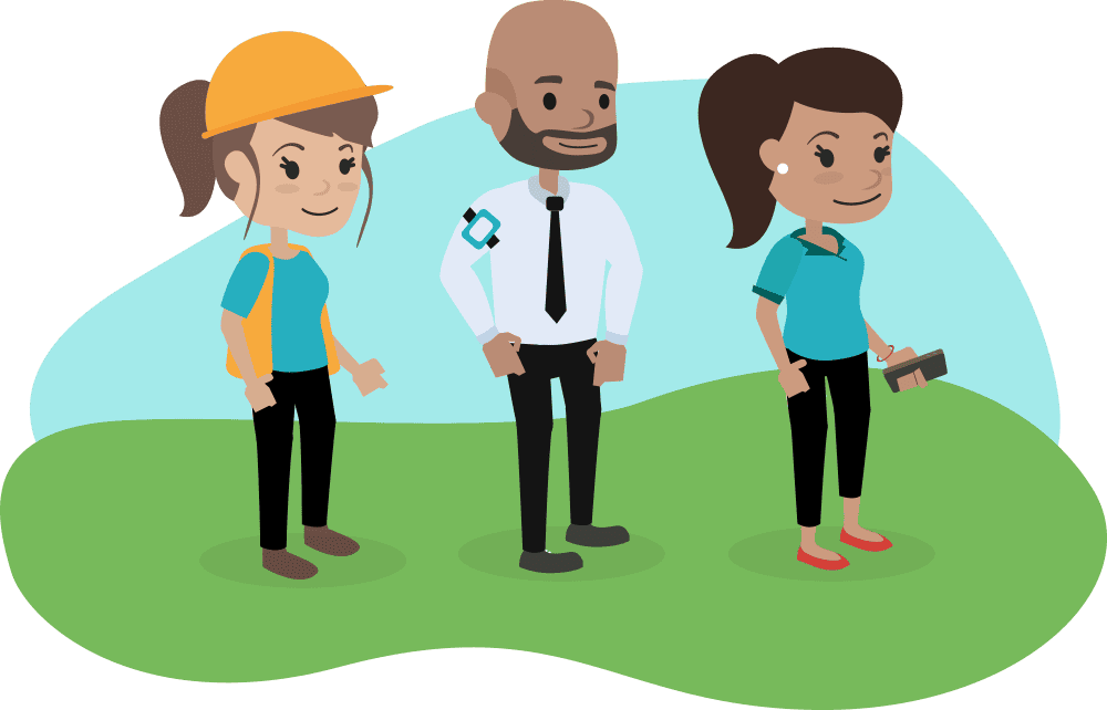 A construction worker, security guard and healthcare worker standing in a field