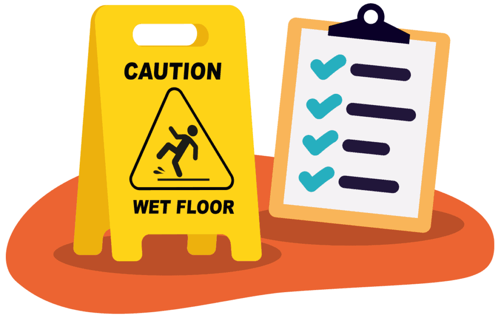A wet floor risk sign next to a health and safety assessment checklist