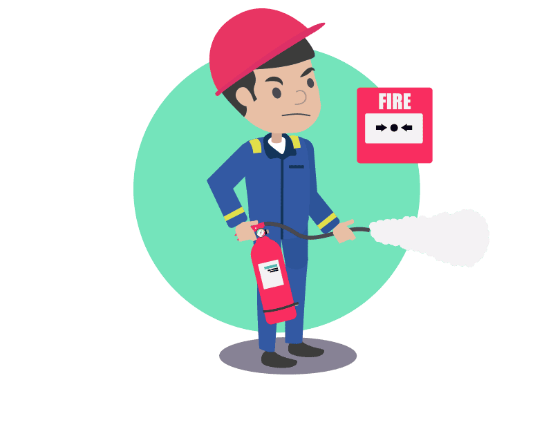 An employee extinguishing a fire standing next to a fire alarm