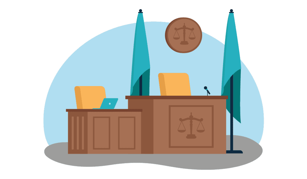 A judges desk in a courtroom