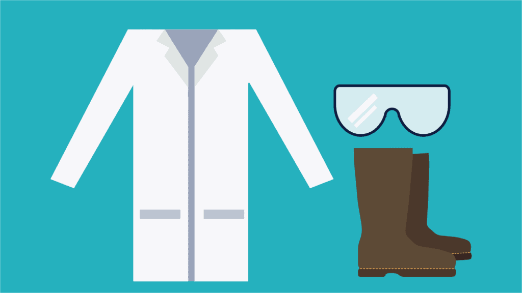 Examples of different types of lab PPE, such as coats and protective goggles
