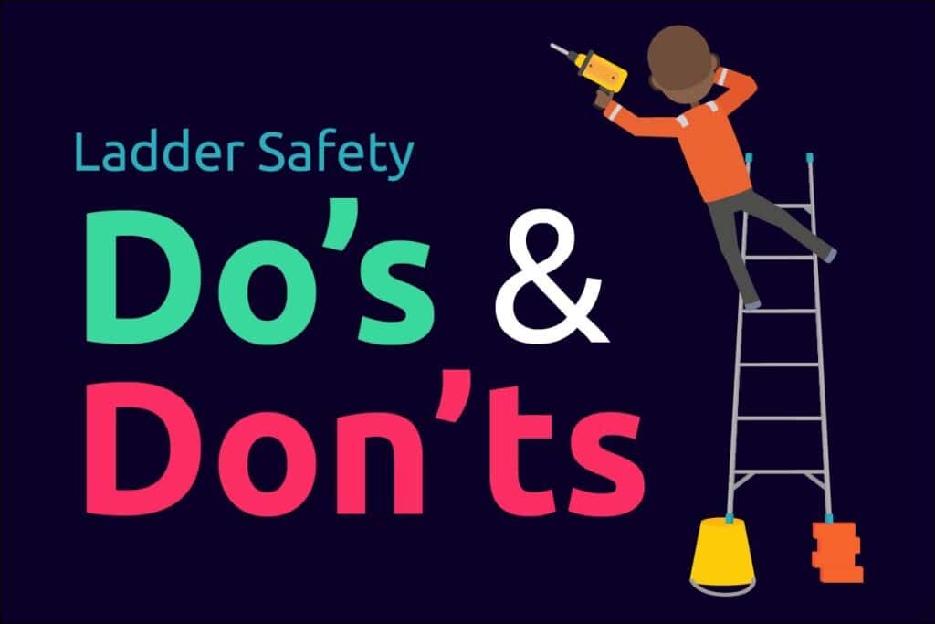 A title graphic of a person up a ladder and it says Ladder Safety Dos and Donts