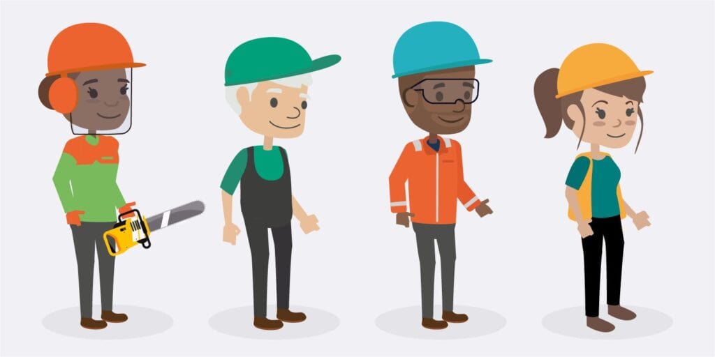 Examples of high risk lone working employees, showing forestry workers with heavy duty tools, agricultural and construction workers