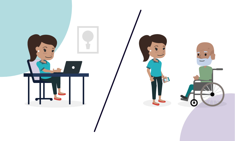 A split image showing a lone worker at home on a laptop on one side and working alone with a elderly person on the other side