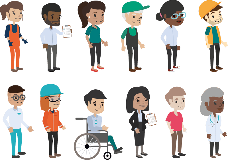 A cartoon image showing many different types of lone workers, from forestry to healthcare workers