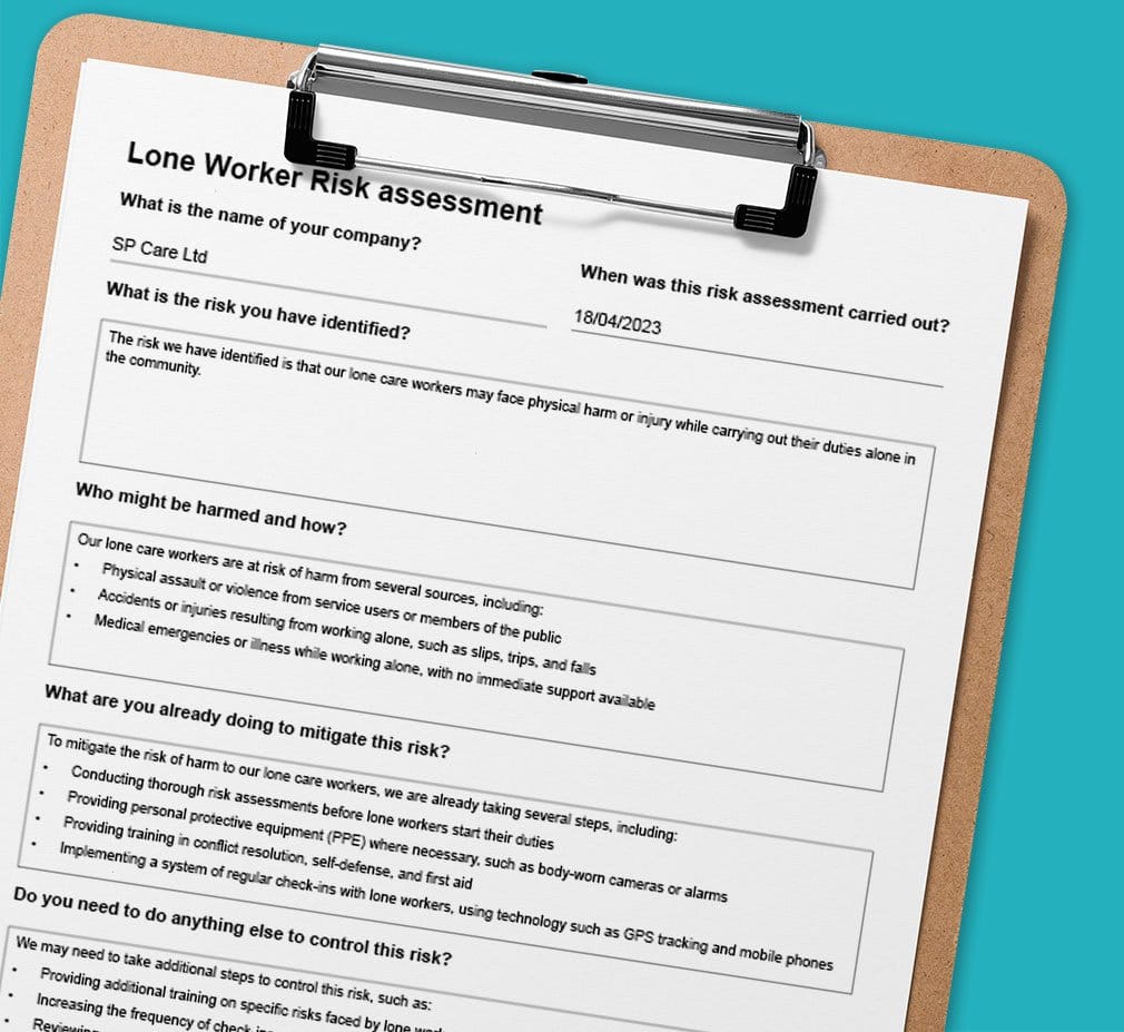 A lone worker risk assessment on a clipboard