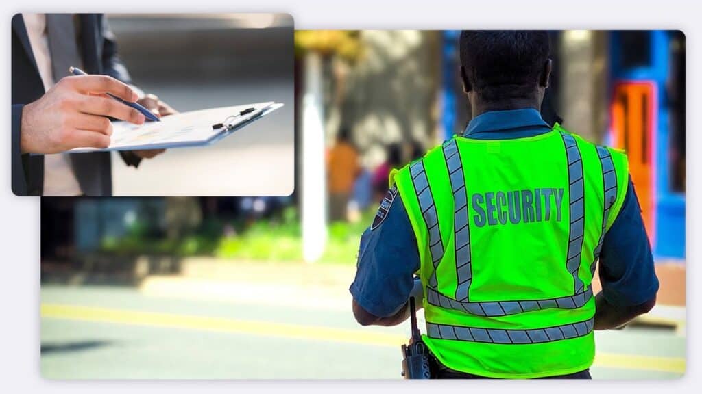 A security guard alongside somebody completing a lone worker risk assessment