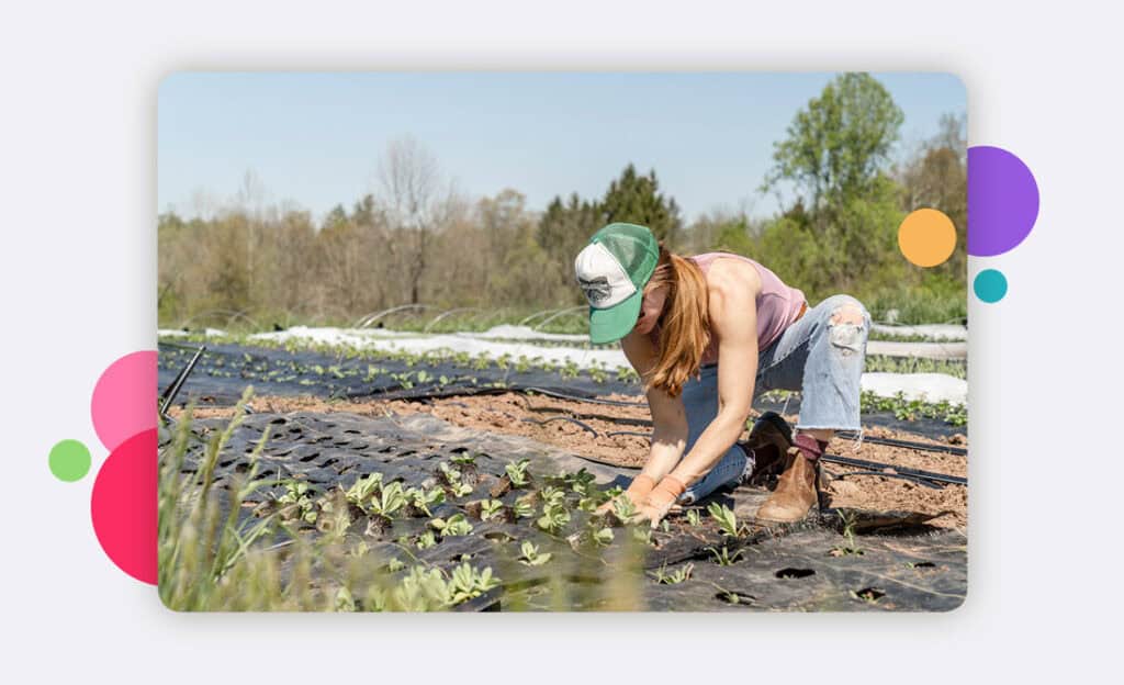 A lone working agricultural ground worker planting seeds in a field