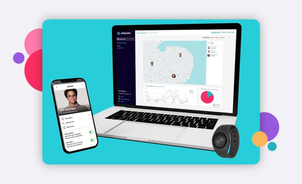 The safepoint safety web portal on a laptop next to the lone working app on a smartphone