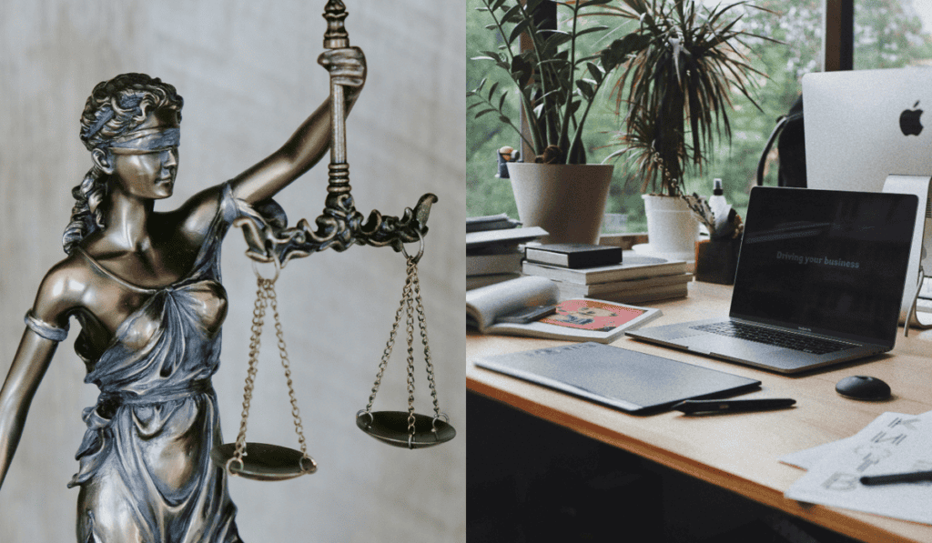 A statue representing law alongside a home workers messy desk