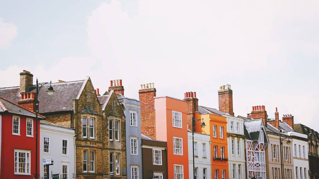 A landscape photo of colourful houses