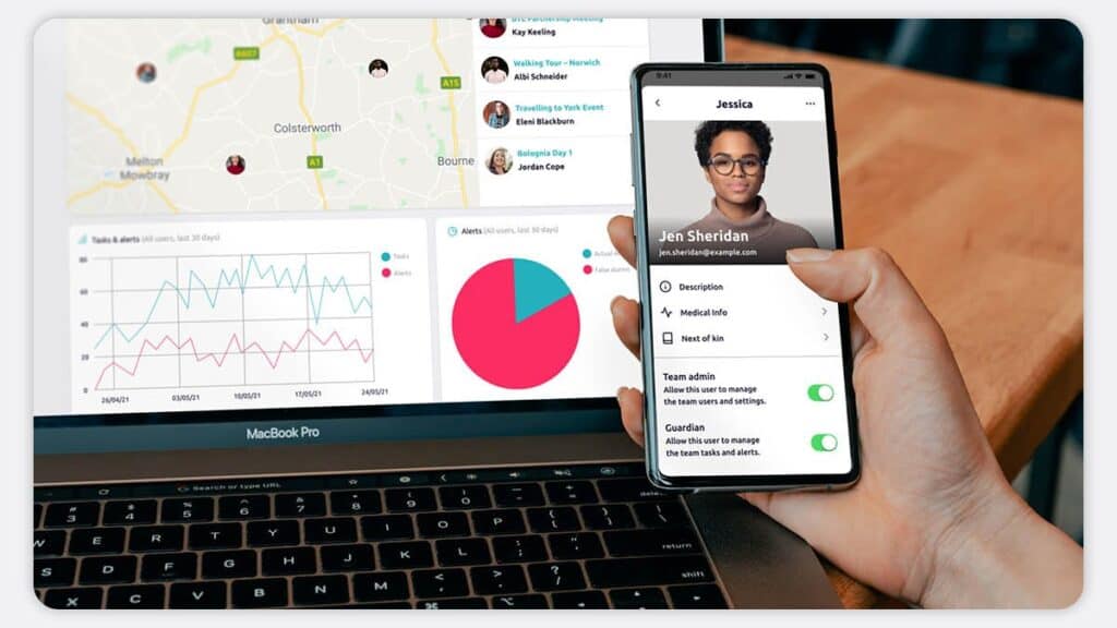 A manager looking at the Safepoint web dashboard on a laptop