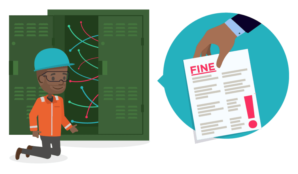A utilities worker alone in a telephony cupboard next to a person handing out a court issued fine