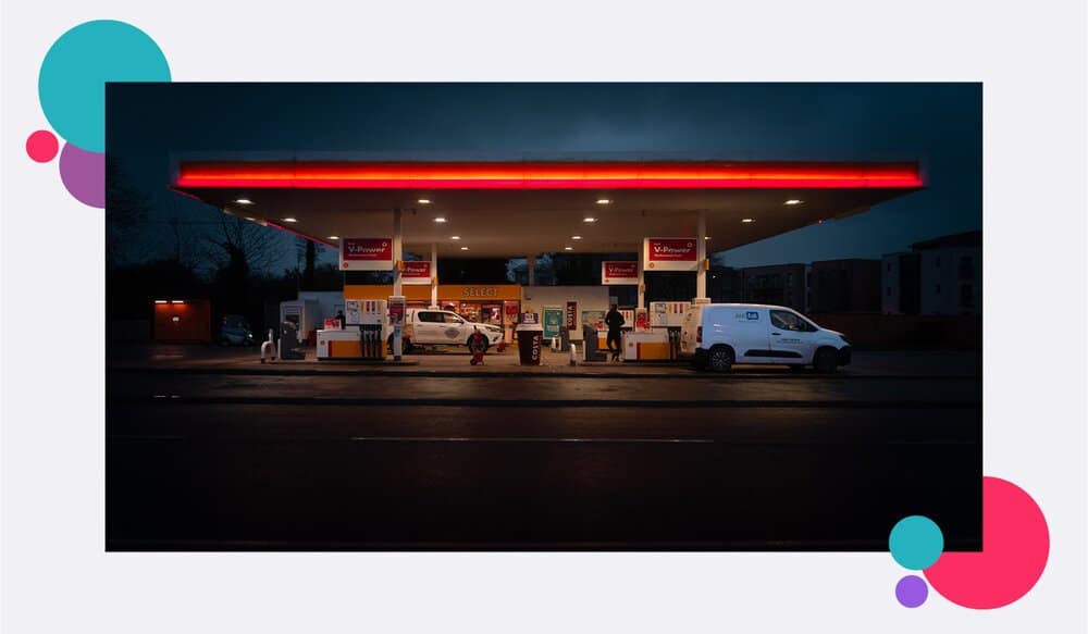 A petrol station at night