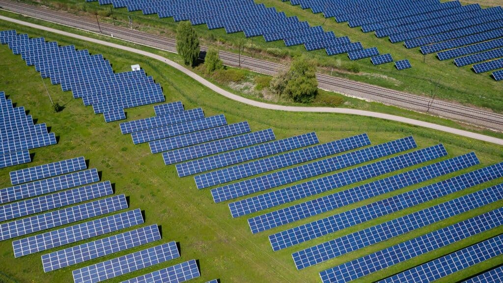 An aerial view of a solar farm