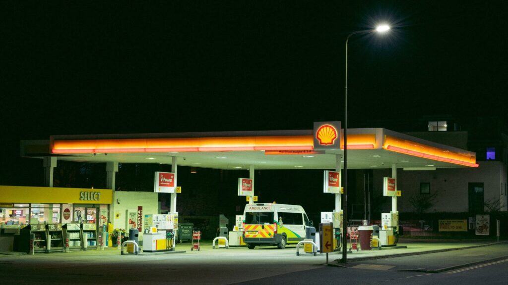 A garage forecourt at night
