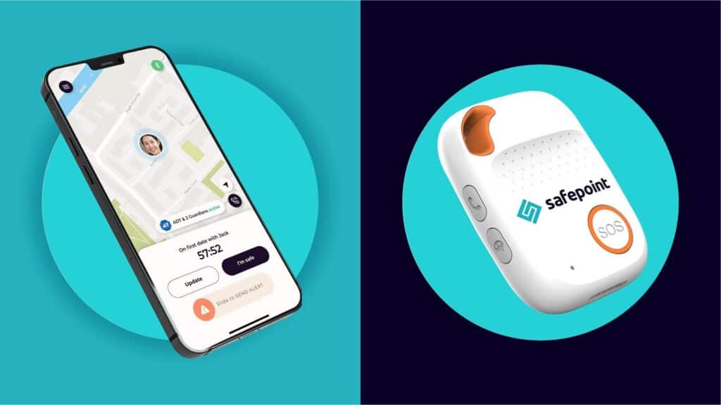 The safepoint mobile app on a phone alongside the standalone sim based lone worker device