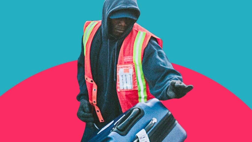 An airport baggage worker moving a suitcase